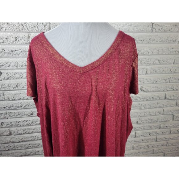 Lane Bryant Womens Top 26 28 Plus Tee Cap Sleeve Red Metallic Linen RED5E - Picture 3 of 8
